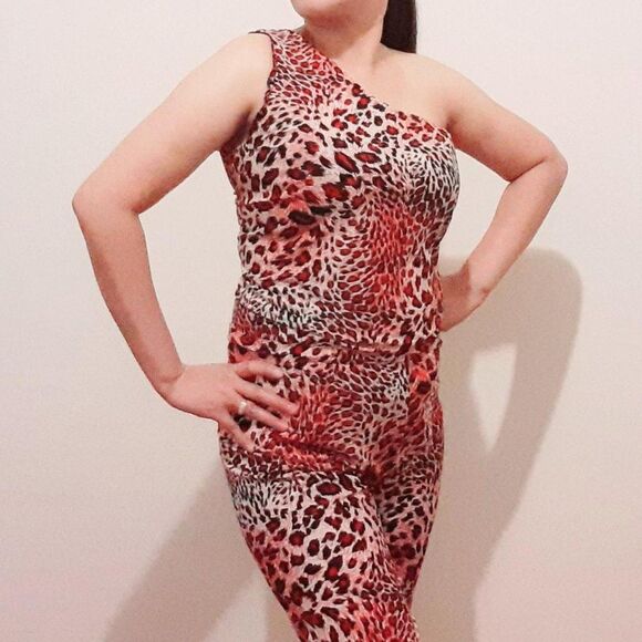 Y2K Red Leopard Prints One Shoulder Elastic Hem Jumpsuit S - Picture 5 of 6